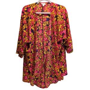 LuLaRoe LLR Pink Rose, Gold Leaf & Dark Purple Lindsay Women's Kimono Size Large